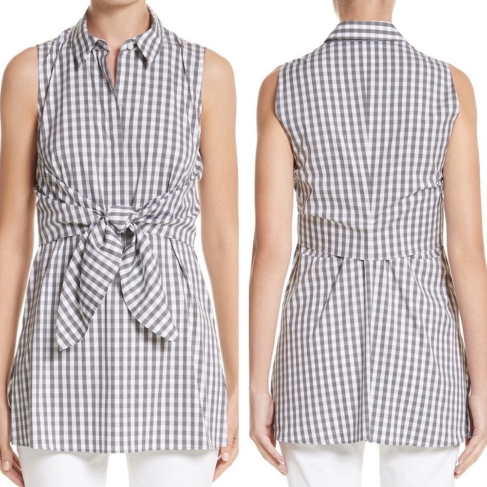 Lafayette 148 New York Mariel Gingham Tie Waist Tunic Top Gray Size Medium
